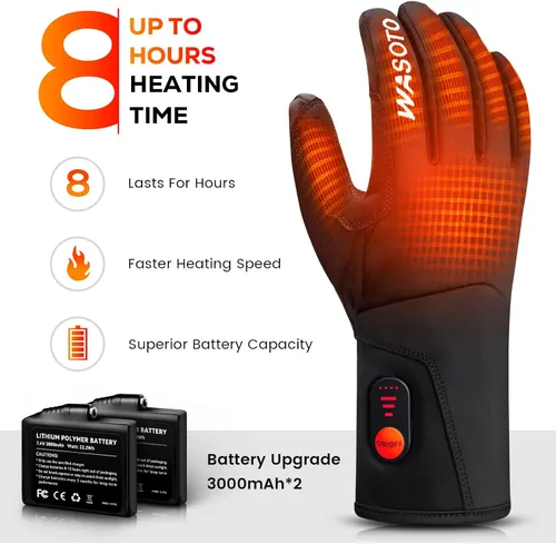 Vista 2 de Guantes calentados WASOTO para Hombres Mujeres, Guantes de Esquí con Pantalla Táctil, Impermeables, a Prueba de Viento, Recargables Eléctricamente