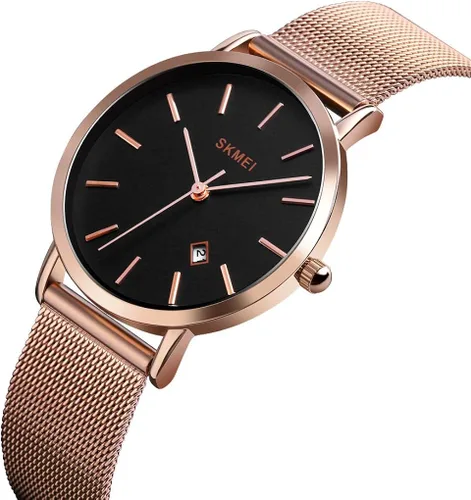 Vista 2 de SKMEI Womens Watches Slim Thin Luxury Dress Rose Gold Stainless Steel Mesh Watches Fashion Waterproof Ladies Black Wrist Watch with Date