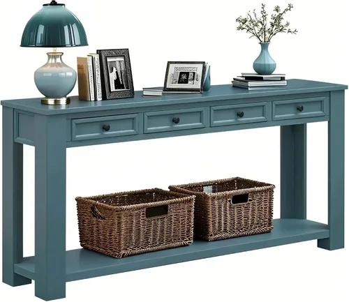 Vista 13 de LKTART - Mesa consola de 63 pulgadas para entrada, mesa de sofá de madera maciza con 4 cajones Blanco antiguo