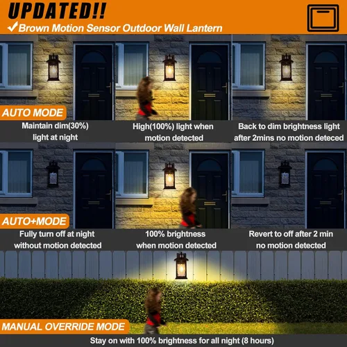 Vista 4 de Aplique de pared marrón con sensor de movimiento para exteriores, iluminación inteligente del atardecer al amanecer, luces de pared de bronce