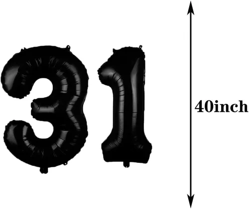 Vista 2 de Decoraciones de cumpleaños número 31, suministros de fiesta, globos negros del número 31, globos de aluminio de Mylar 31, decoración de globos