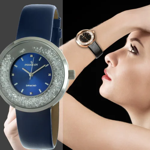 Vista 2 de Peugeot 3041SBK Reloj elegante, con correa negra fina, con diamantes auténticos y circonita cúbica, redondo y plateado, para mujer.