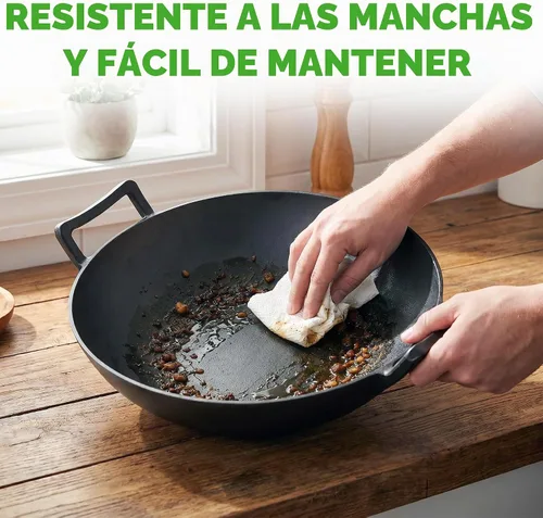 Vista 8 de NutriChef Wok de hierro fundido de 14 pulgadas con tapa de madera, Kadai pre-sazonado para freír con asas de bucle, compatible con múltiples estufas