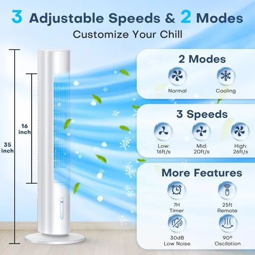 Vista 2 de Aire acondicionado portátil sin ventanas, enfriador de aire evaporativo de 35 pulgadas con 3 velocidades, control remoto y táctil de 25 pies
