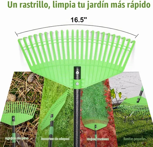 Vista 7 de Rastrillo de plástico para hojas con mango ajustable de 65 pulgadas, rastrillos ligeros para exteriores, para hojas, hierba y aguja de pino