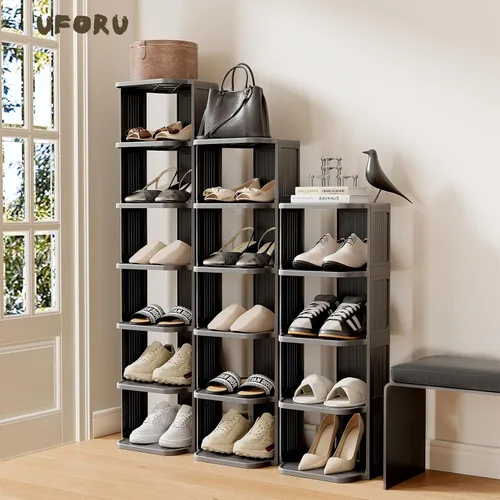 Vista 8 de UFORU - Zapatero pequeño, organizador de zapatos vertical de 5 niveles de plástico para espacios pequeños y estrechos, organizador de zapatos Negro