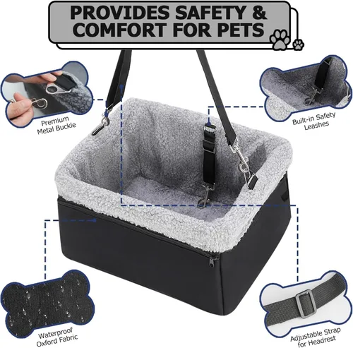 Vista 3 de Asiento de coche para perros pequeños de menos de 20 libras, asiento elevador con marco de metal, tela Oxford de doble capa, correa de seguridad