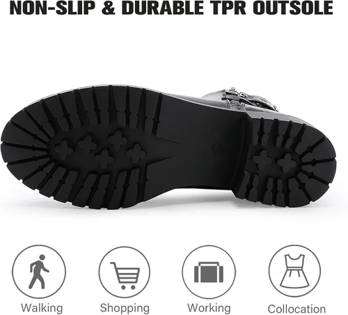 Vista 3 de ALLOT Botines de tacón grueso apilados para mujer, con hebilla y cremallera lateral, a la moda, con puntera cerrada