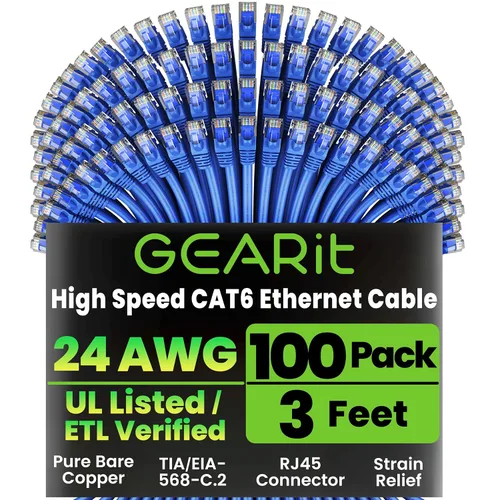 Vista 22 de GEARit Paquete de 100 cables Ethernet Cat6 de 0.5 pies Cable de conexión de red RJ45, conectores chapados en oro sin enganches de 10 Gbps, cable