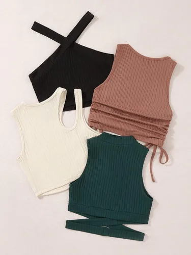 Vista 2 de MakeMeChic Paquete de 4 camisetas sin mangas de punto acanalado liso para mujer