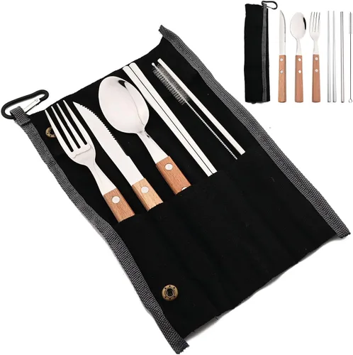 Vista 9 de JASHII Juego de cubiertos reutilizables de viaje, juego de cubiertos de acero inoxidable 304 con mango de madera, palillos y pajitas con diseño