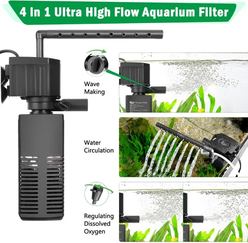 Vista 3 de AQQA Filtro de acuario, filtración de 3 etapas, fabricante de ondas ajustables y oxigenador, bomba sumergible silenciosa de 12 W 115 GPH, filtro
