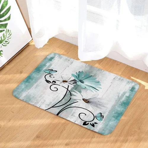Vista 10 de Alfombra de baño rústica de granja, diseño de margaritas y mariposas en madera de campo, tapete de baño de madera color gris, blanco, azul marino