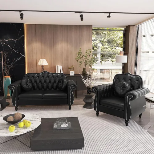 Vista 16 de AVZEAR Chesterfield - Juego de sofás seccional de 2 piezas para sala de estar, sofá tapizado en terciopelo moderno de mediados de siglo, sofá Blanco