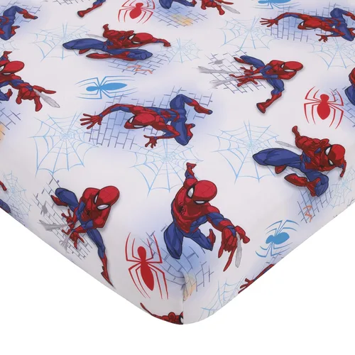 Vista 3 de Disney Marvel Spiderman Wall Crawler - Juego de ropa de cama infantil de 4 piezas con telarañas rojas, blancas y azules, edredón, sábana bajera