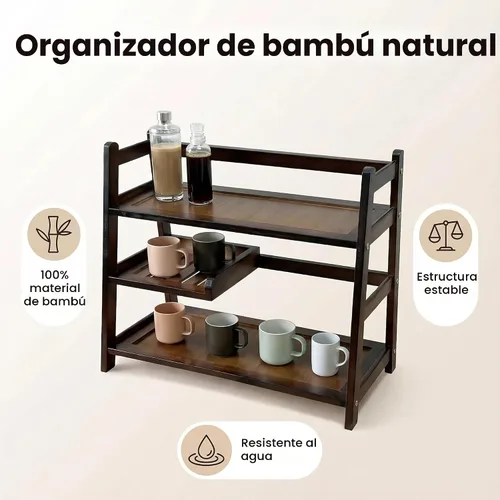 Vista 4 de Estación de bambú Matcha de 3 niveles, estante organizador de Marrón