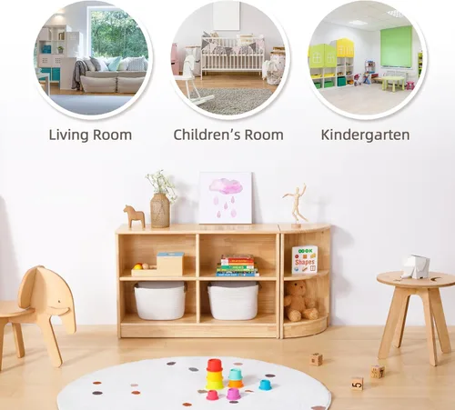 Vista 4 de OOOK Armario esquinero de madera de goma, organizadores y almacenamiento de juguetes de 2 niveles, estante Montessori para habitación de niños, sala