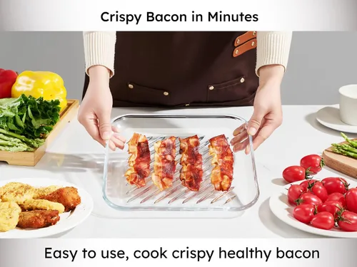 Vista 5 de Sartén para microondas, bandeja de tocino de microondas de vidrio de 10 pulgadas para calentar alimentos y hacer tocino crujiente, cuadrado