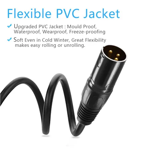 Vista 3 de Cable DMX de 6 pies, cable DMX chapado en oro de 3 pines XLR macho a hembra, lo mejor para iluminación de escenario de DJ, luces de cabeza móvil