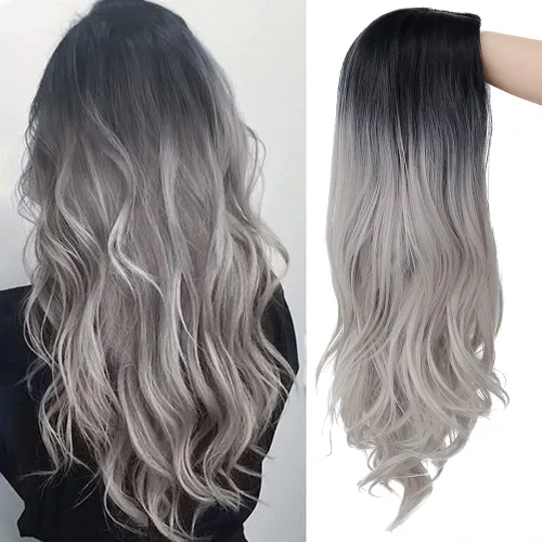 Vista 10 de Tseses Pelucas largas y onduladas de color azul degradado para mujer, pelucas de cabello sintético con raíces oscuras, cosplay, fiesta de Halloween