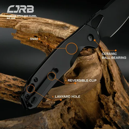 Vista 3 de CJRB Cuchillo de bolsillo Frack, hoja de acero AR-RPM9 de 3.9 pulgadas, con revestimiento de PVD, mango de acero EDC, cuchillo de bloqueo de botón