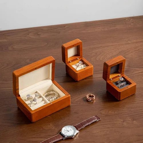 Vista 6 de Woodten Caja de anillo de boda de madera maciza Caja de anillo doble de madera cuadrada para propuesta