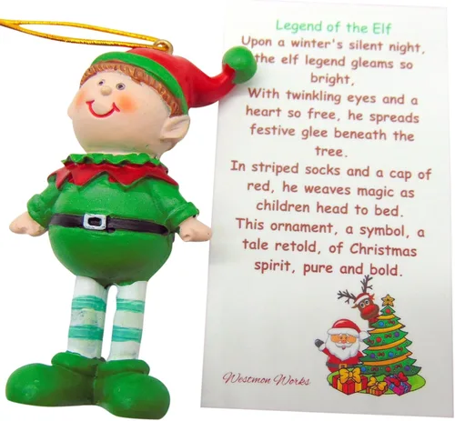 Vista 3 de Adorno de leyenda del elfo de poliresina para árbol de Navidad con tarjeta de historia en caja de regalo