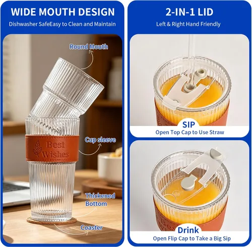 Vista 4 de 4-Pack 20oz Ribbed Glass Tumbler Set, Reusable Glass with Lids & Straw