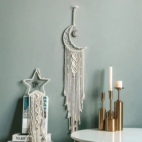 Vista 5 de Tarklanda Decoración de atrapasueños de luna y estrella, 2 piezas boho para el hogar, luna y estrella, macramé para colgar en la pared, decoración