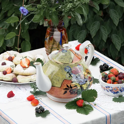 Vista 5 de Tetera de 30 oz de Van Gogh Pinturas de porcelana china hueso Tetera de té suelto Diseño floral Vintage Tetera de cerámica estilo europeo para café