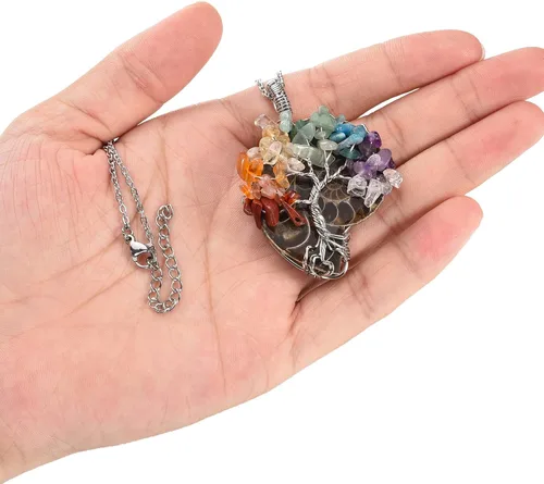 Vista 5 de Collar con dije Top Plaza 7 chacras Natural Healing, ajustable y de resina de amonita fósil, joyería para mujeres hombres.