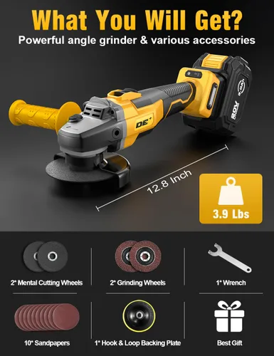 Vista 5 de Amoladora angular sin escobillas, para batería DEWALT de 20V, amoladora angular pequeña inalámbrica de 4-1/2" con mango auxiliar, 10 lijas, 2 discos