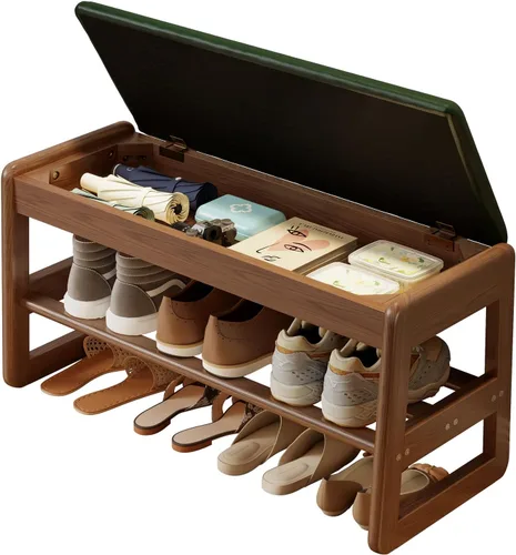 Vista 13 de AQIMUELE Banco pequeño para zapatos, banco de zapatos de 2 niveles con almacenamiento con tapa abatible, zapatero de madera para entrada, pasillo