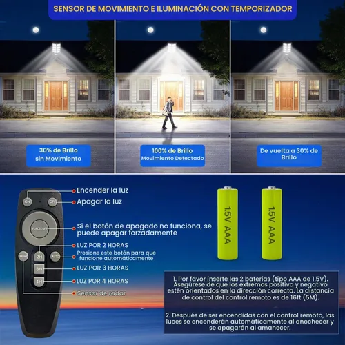 Vista 4 de Farolas solares para exteriores, IP67 impermeable, con sensor de movimiento, control remoto y automático del atardecer al amanecer, LED brillante