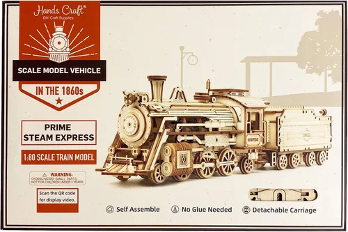 Vista 3 de Hands Craft Rompecabezas de madera 3D de bricolaje - Prime Steam Express Train Asamblea de corte láser a escala 1:80, kit de construcción de modelos