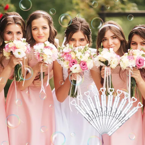 Vista 6 de Kathfly 200 mini varitas de burbujas de corazón blanco con 200 calcomanías, mini burbujas a granel para bodas, aniversarios, celebraciones
