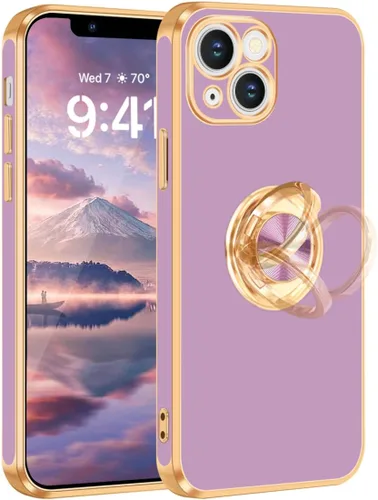 Vista 14 de Fingic - Funda para iPhone 13, soporte giratorio de 360°, soporte magnético Shiny Plating Gold Edge Slim Soft TPU Shockproof Protective Phone Case