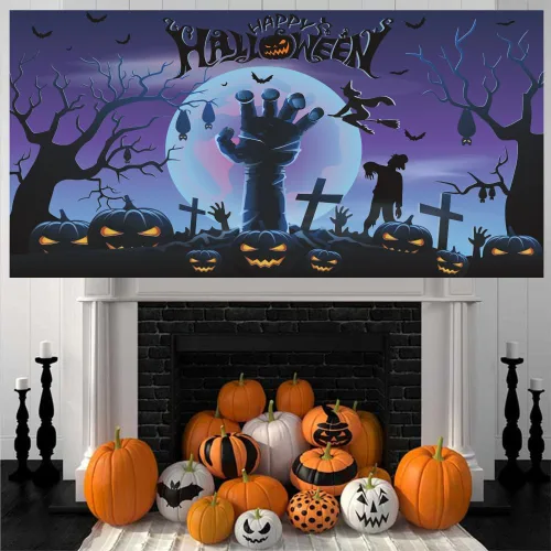 Vista 5 de Telón de fondo de Halloween de 7 x 5 pies, pancarta de fondo de noche de terror para fiesta de Halloween, calabaza, luna, rama de árbol seco