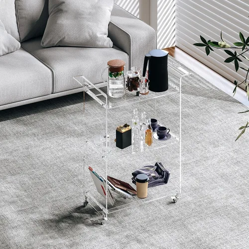Vista 2 de Dethan Carrito de barra de acrílico – Carrito de servicio transparente de 3 niveles con ruedas bloqueables, moderno carrito de bar transparente