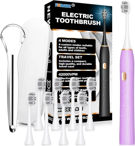 Vista 9 de FXQQZZ Cepillo de dientes eléctrico para adultos y niños, con raspador de lengua y estuche de viaje, 8 cabezales de cepillo, temporizador