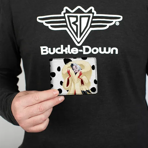 Vista 3 de Buckle-Down Billetera de Disney para hombre, plegable, de Vil crema con manchas de piel color rojo y negro, cuero vegano, 101 Dálmatas Cruella, 4.0