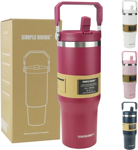 Vista 9 de Botella de agua aislada con pajilla abatible de 30 onzas con asa, vaso de acero inoxidable a prueba de fugas, taza de café de viaje al vacío