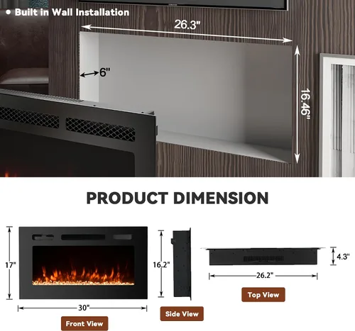 Vista 5 de Chimenea eléctrica montada en la pared y empotrada de 30 pulgadas con control remoto temporizador de 8 horas, 12 llamas, pantalla táctil, calentador