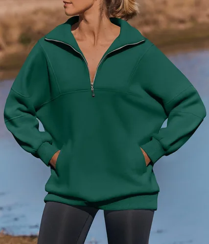 Vista 3 de ZESICA Sudadera de gran tamaño con media cremallera para mujer, manga larga, con cremallera de un cuarto, sudadera con capucha Y2K, ropa de otoño e