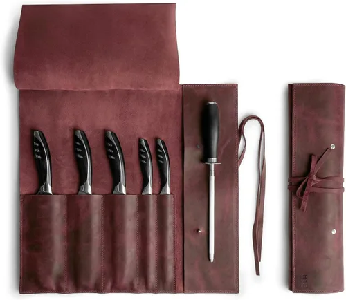 Vista 11 de Estuche de cuero rústico para cuchillos, bolsa duradera para cuchillos de chef para chefs profesionales, bolsa de rollo de cuchillos, funda
