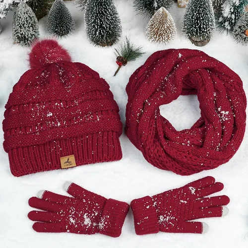 Vista 8 de Winter Beanie Hat Scarf Gloves Set, Soft Fleece Knit Hat Warm Touchscreen Gloves Neck Warmer Thick Scarves Gifts for Women