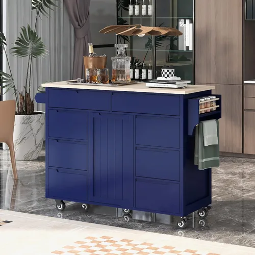 Vista 18 de Delicate Rolling Kitchen Island Cart with Rubber Wood Drop-Leaf Countertop and Lockable Rollers,Storage Cabinet and 2 Drawers,Sliding Barn Door