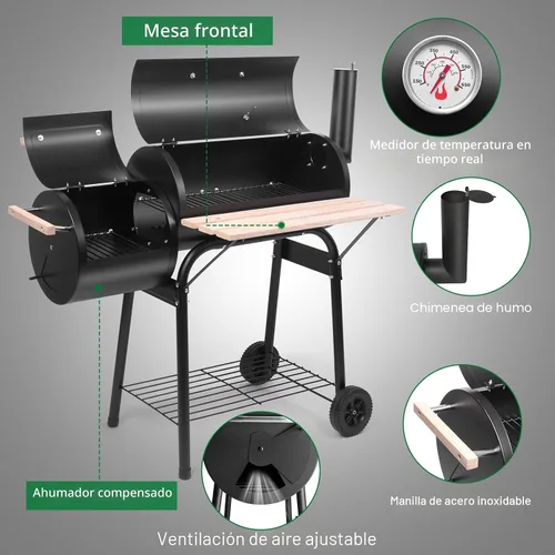 Vista 2 de Outvita Barbacoa de carbón, parrilla de patio al aire libre con ahumador offset, ruedas y bandeja para picnics en el balcón, fiesta y camping