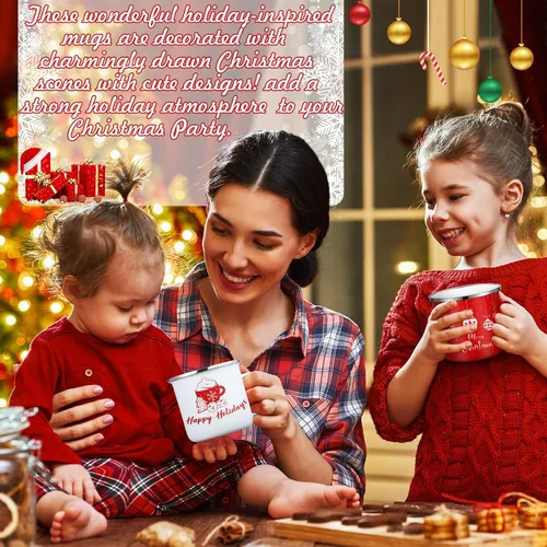 Vista 3 de Zhehao 9 tazas de Navidad de 11 onzas, tazas de chocolate caliente de temporada, lindas tazas de té esmaltadas rojas y blancas para café, cacao
