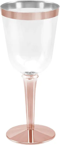 Vista 6 de 50 copas de vino desechables de plástico con borde de oro rosa, tamaño grande, 9.98 oz. BloominGoods - Vasos para bodas y eventos
